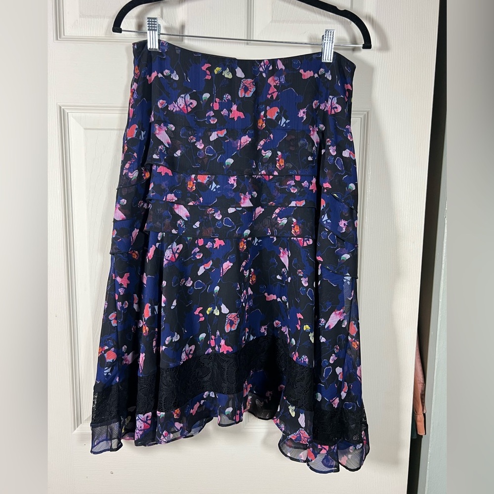 Jason Wu Navy Floral A-Line Skirt, lace trim
